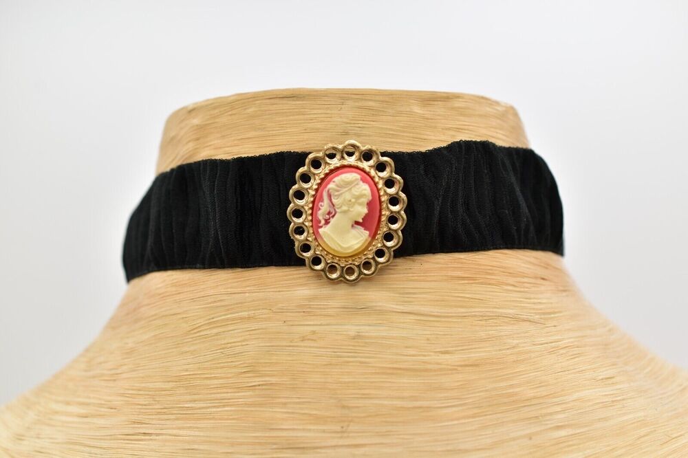 Vintage Cameo Choker Necklace Black Victorian Revival Romantic Gothic 1990s A23